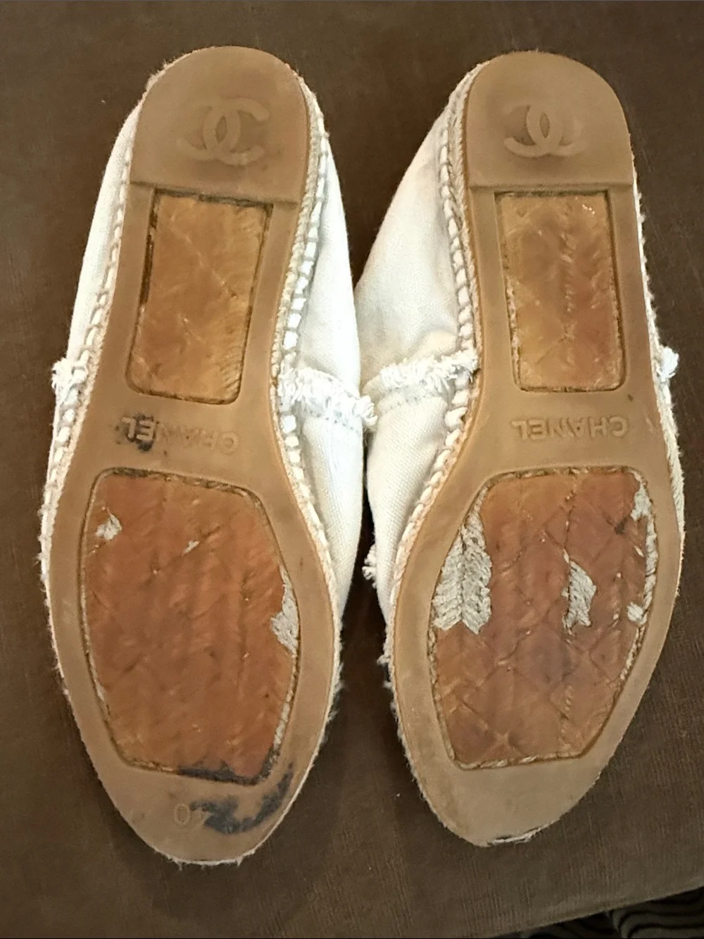 CHANEL White Canvas Espadrilles with Black Cap Toe and CC Logo